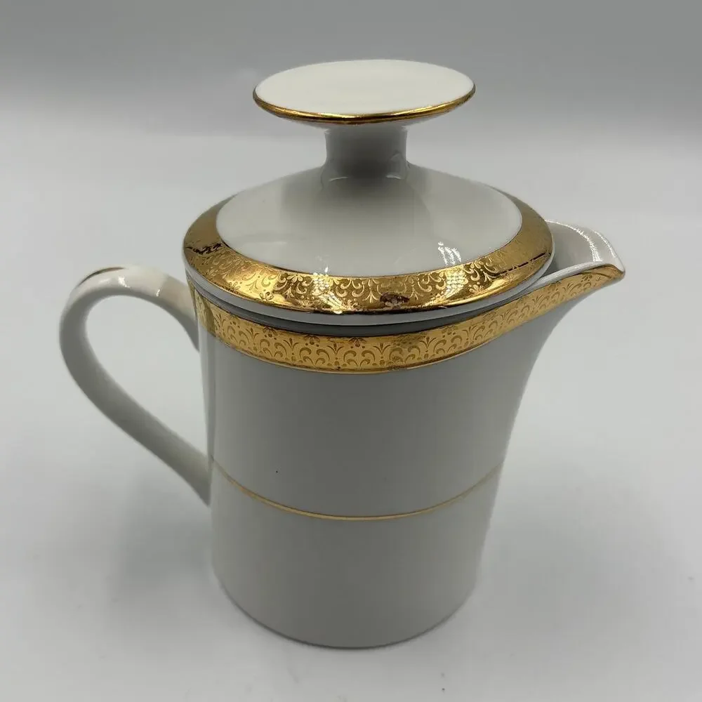 Vintage Sango Porcelain Creamer w/ Lid Georgetown 8455 Gold & White